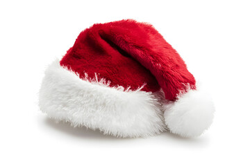 Realistic photo of a red Christmas Santa Claus hat with a white pompom, isolated on white background