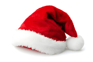 Realistic photo of a red Christmas Santa Claus hat with a white pompom, isolated on white background