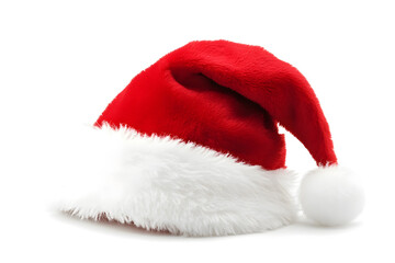 Realistic photo of a red Christmas Santa Claus hat with a white pompom, isolated on white background