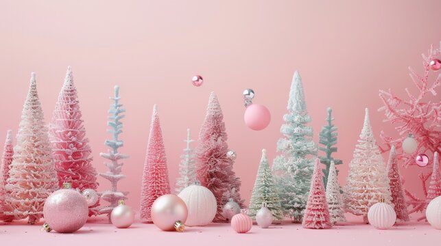 A vibrant pink and aqua festive scene featuring Christmas trees and decorative ornaments creating a whimsical winter wonderland.