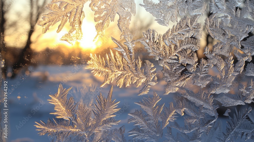 Poster delicate ice patterns on a window with fleeting reflections of light and shadows, evoking the transi