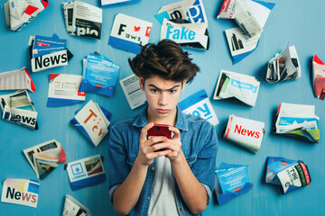 Teenager confused by contradictory news, multiple notifications on phone, concerned facial expression