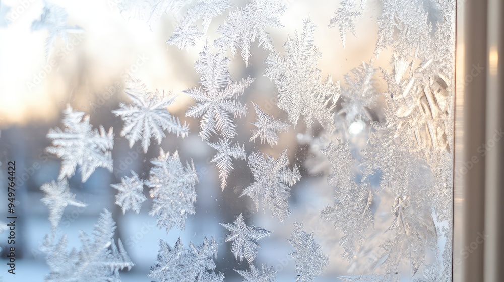 Poster delicate ice patterns on a window with fleeting reflections of light and shadows, evoking the transi