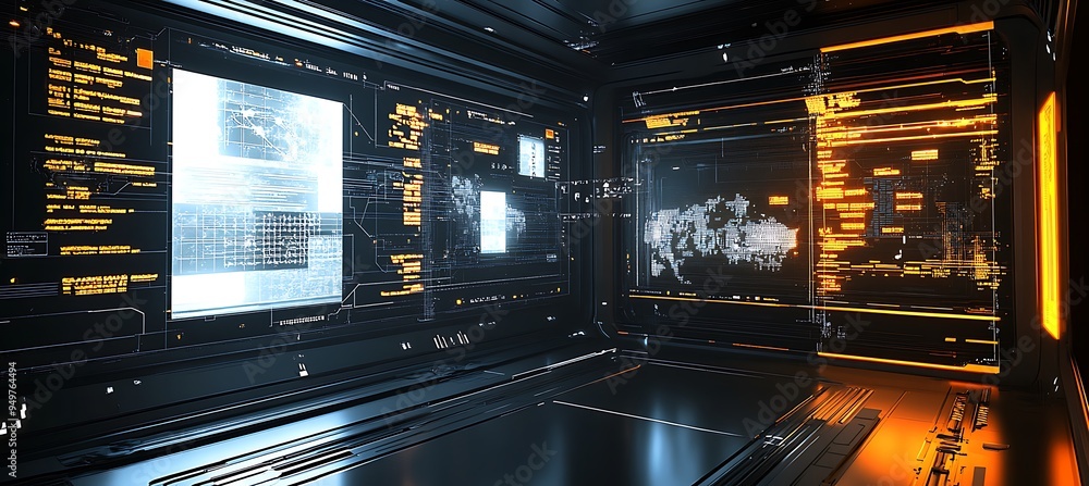 Poster a futuristic city with integrated smart systems and dynamic digital interfaces.