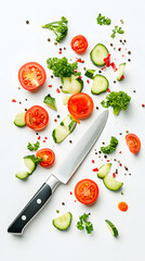 Naklejka premium Dynamic composition with kitchen knife and halves of assorted vegetables isolated on white background
