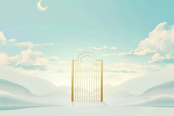 Minimalist Illustration of a Gate to Heaven with Crescent Moon - Ideal for Posters, Cards, and Prints