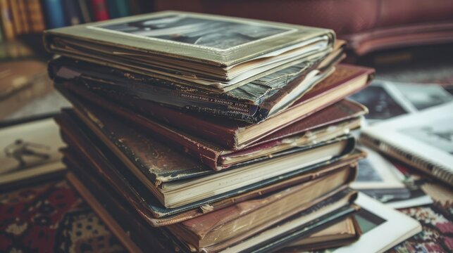 A stack of vintage photo albums and books on a patterned rug, surrounded by scattered photos, evoking nostalgia and memories.