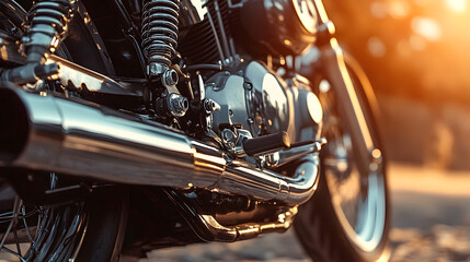 Obraz premium A close-up of a motorbike’s engine and exhaust, with the metallic surfaces gleaming in the sunlight, dominating the frame.
