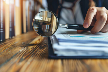 Auditor inspecting company records, pointing at discrepancies, reports and files neatly organized
