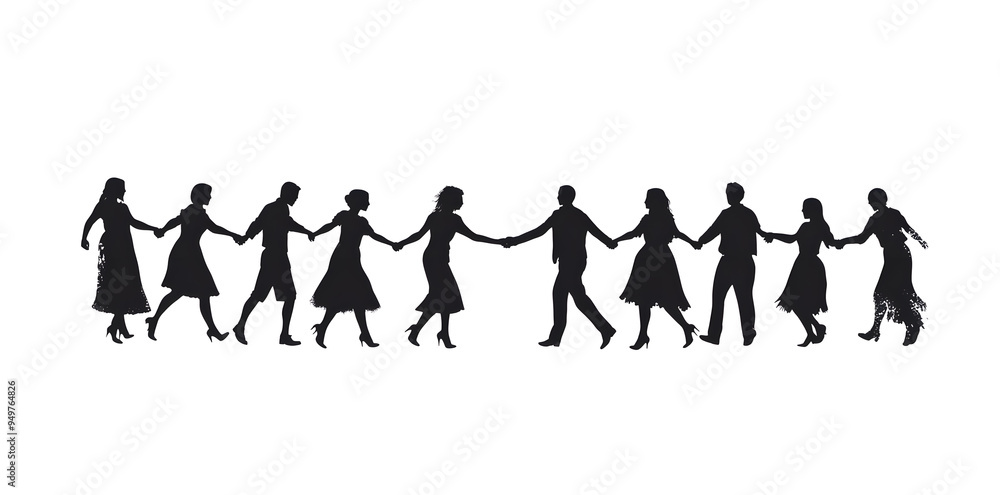 Canvas Prints Black silhouettes of people holding hands in dance paper cut illustration on a white background