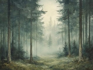 Obraz premium A serene forest landscape shrouded in mist, featuring tall trees and a tranquil path leading into the depths of nature.