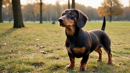 Chocolate and tan smooth haired dachshund dog in the park