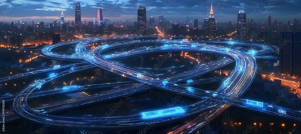 Poster a futuristic city featuring cutting-edge smart systems and responsive digital interfaces.