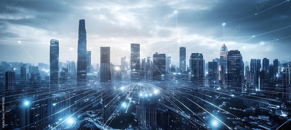 Poster a futuristic city where smart systems and digital interfaces work in harmony.