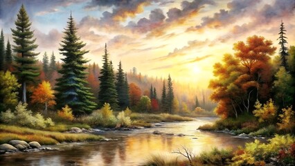 Colorful autumn landscape illustration at sunrise featuring a river and vibrant trees in a serene setting