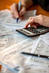 Auditor examining receipts and invoices, calculator and pen in hand, meticulously checking details