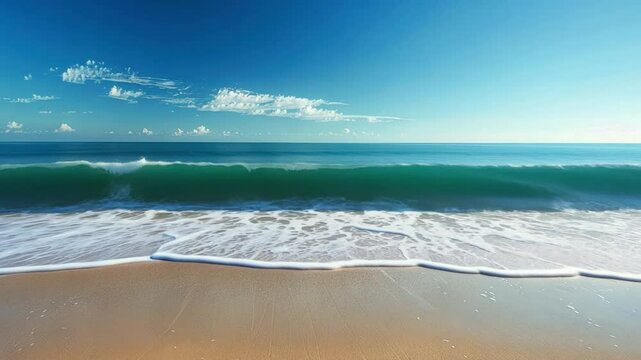 A peaceful beach scene with gentle waves and a clear sky.