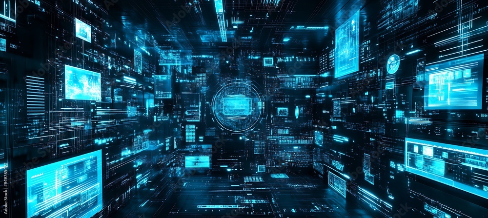 Poster a futuristic city where smart systems and digital interfaces work in harmony.