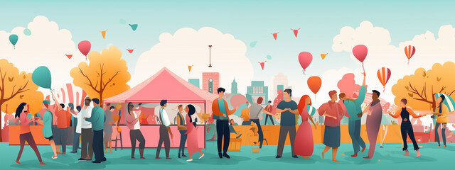 Outdoor Festival with Diverse Crowd Balloons and Tents in Autumn Colors