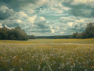 Obraz premium A serene landscape featuring a lush field of flowers under a dramatic sky, perfect for nature enthusiasts and outdoor lovers.