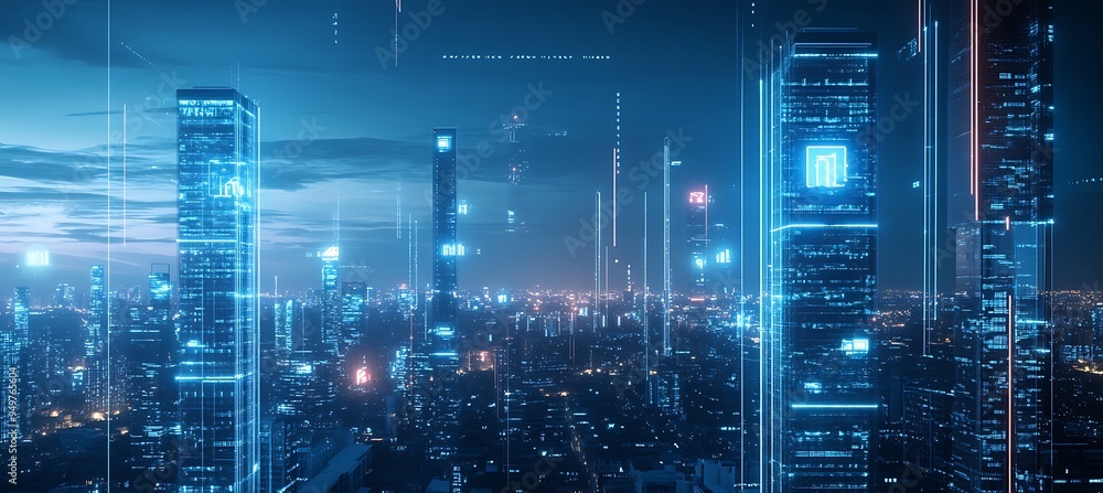 Poster a futuristic city with advanced smart systems and interactive digital interfaces.