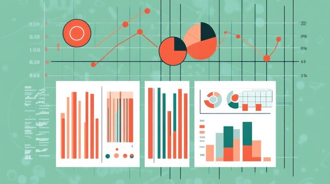 The image shows a collection of colorful data visualization graphics, including pie charts, bar graphs, line graphs, and scatter plots on a green grid background.