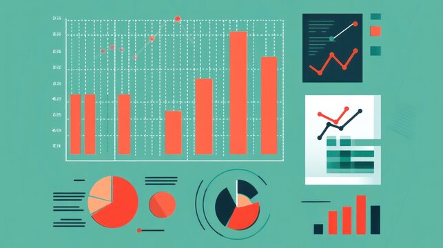 The image displays various colorful graphical data representations including bar graphs, line charts, pie charts, and scatter plots on a green background.
