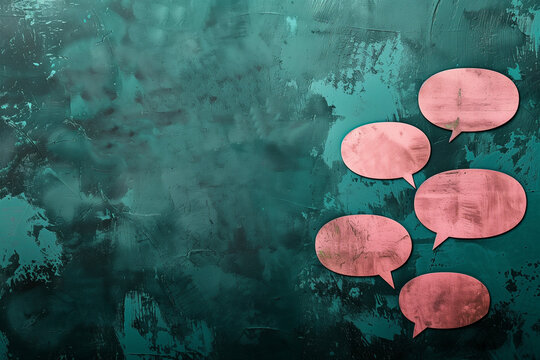 For conceptual image about communication and social media, customer feedback, Blank correspondence white and pink grunge paper speech bubbles with quote sign on rough dark green paper texture


