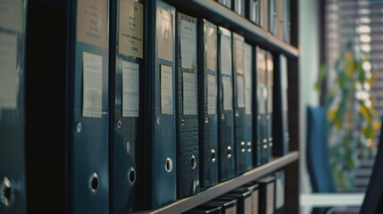 A neatly organized row of black binders line a wooden shelf in an office, signifying order and meticulous record-keeping.
