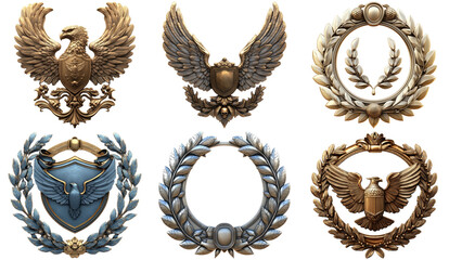 Various heraldic emblems with laurel wreaths set isolated on transparent background
