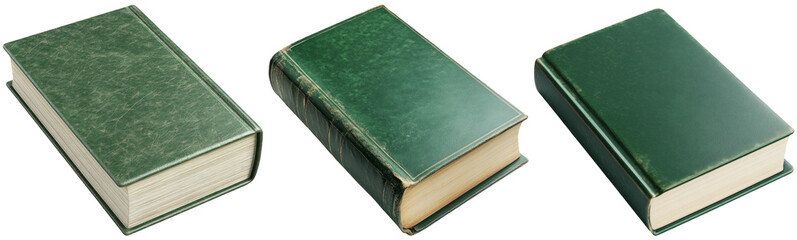 Obraz premium Three green books in different positions isolated on transparent background