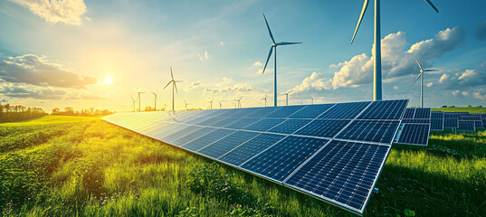 A solar panel farm stands in an open field with wind turbines and a city in the background, symbolizing the advancement of green energy and sustainable development. Beautiful green energy landscape.