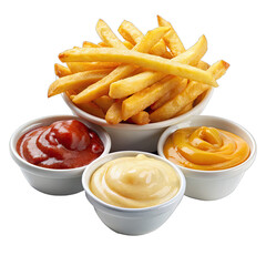 Delicious fast food. crispy french fries with ketchup, mustard, and a creamy white sauce.