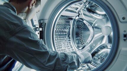 A technician in work attire leans into the polished stainless steel drum of a modern washing machine, inspecting it meticulously.