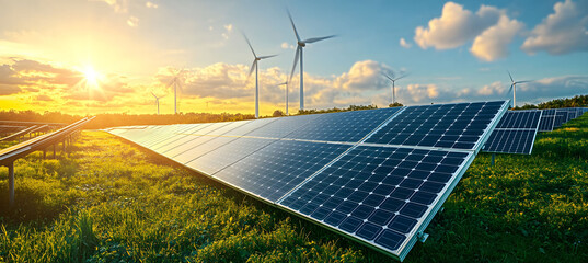 A solar panel farm stands in an open field with wind turbines and a city in the background, symbolizing the advancement of green energy and sustainable development. Beautiful green energy landscape.