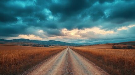 A scenic dirt road stretches through golden fields under a dramatic sky, inviting adventure and exploration in nature's beauty.