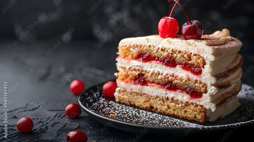 Poster glowing layered cake slice with cherry topping on dark background
