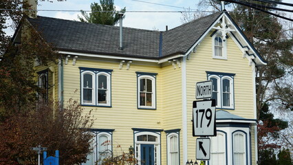 The beautiful little town landscape with the colorful autumn leaves and old buildings in USA