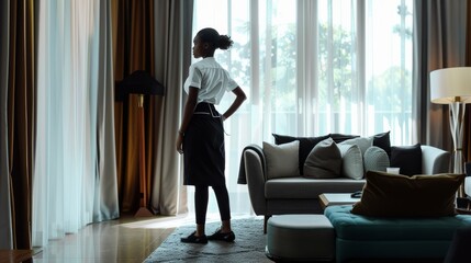 A person standing by the window of a modern, luxurious room, their silhouette illuminated softly by natural light filtering through the curtains.