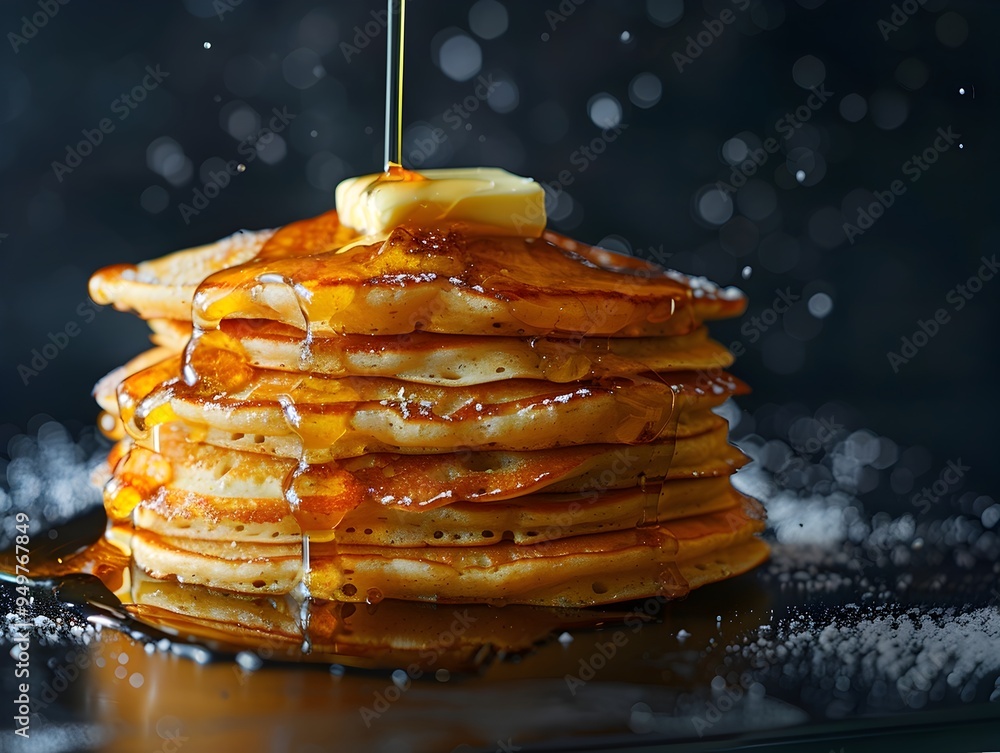 Poster neon pancake stack with dripping syrup and butter on black background