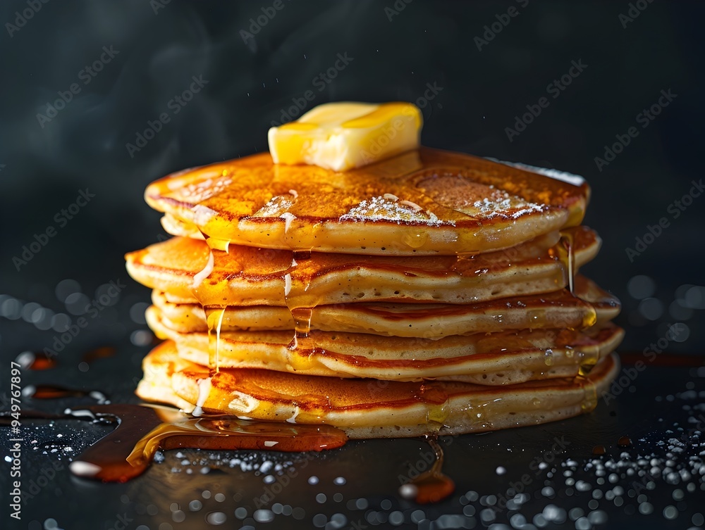 Poster neon pancake stack with dripping syrup and butter on black background