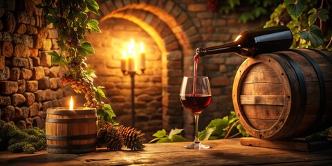 A setting of relaxed sophistication unfolds amidst golden candlelight, subtle oak aroma, and a sommelier's gentle pour of rich, velvety red wine into delicate glass.