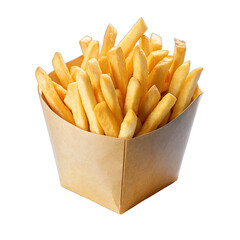 A close-up shot of a brown paper box overflowing with golden-brown french fries, isolated on a white background