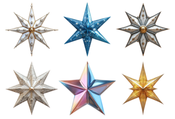 Assorted decorative star ornaments in metallic colors isolated on transparent background