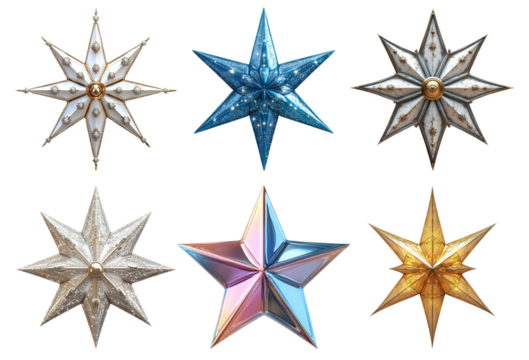 Assorted decorative star ornaments in metallic colors isolated on transparent background