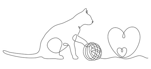 Continuous one line drawing of cat and yarn ball. Simple silhouette of cat, yarn ball and hearts. Cat Day