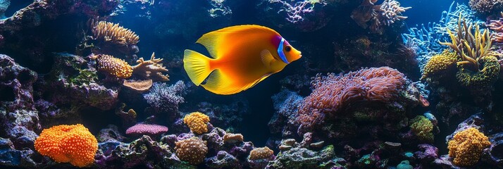 Obraz premium A vibrant coral reef with colorful fish swimming around the reef, including yellow and blue tropical fish.