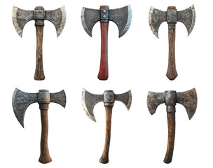 Collection of battle axes with wooden handles isolated on transparent background