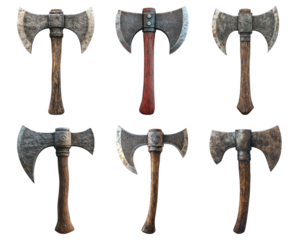 Collection of battle axes with wooden handles isolated on transparent background