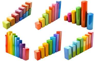 Colorful 3D bar charts in different styles and heights isolated on transparent background
